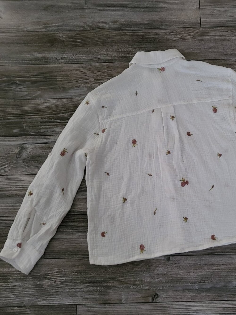 Embroidered White Double Gauze Cotton Button Down Shirt - Picture 8 of 11
